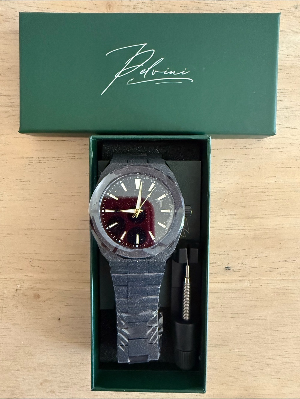 PELVINI MENS ITALIAN WATCH FROSTED BLACK MATCHING LINK BAND & LINK REMOVAL TOOL